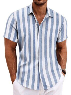 Men's Blue-white Stripes Classic Beach Linen Short Sleeve Casual Imported Shirt